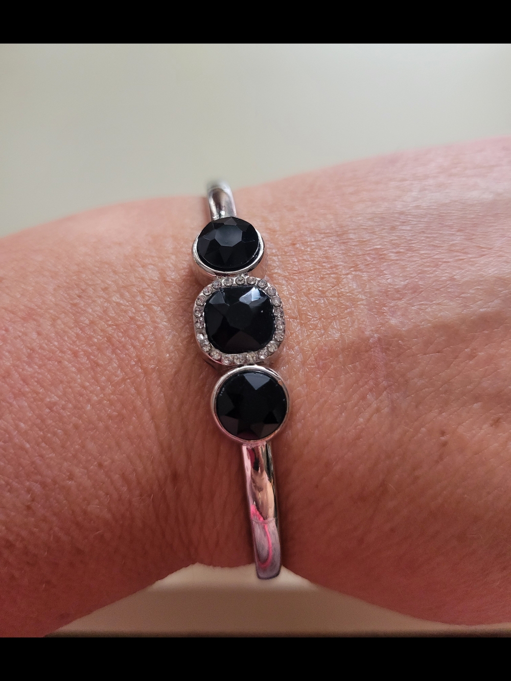 Paparazzi Black Crystal Three-Stone Silver Bangle Bracelet - Picture 2 of 3